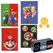 Kit 2 Cadernos Super Mario 160fls Sortidos + Estojo Nintendo - Foroni