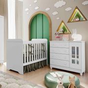 Quarto de Bebê Ariel Berço 3 em 1 Gabrielle Cômoda Infantil com Porta Branco Carolina Baby