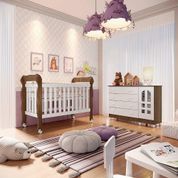 Quarto de Bebê Gran Selena Berço 3 em 1 Lila Cômoda com Porta Branco Amadeirado Carolina Baby