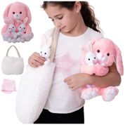 Kit 3 Coelhos de Pelúcia Mamãe Rosa Macia e Fofa, 2 Coelhinhos Brancos com Cobertor e Bolsa, Perfectto Design