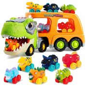 Caminhão Transportador de Dinossauros com 6 Veículos de Borracha, Música e Luzes para Crianças Acima de 2 Anos, Joyin