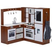 Cozinha Infantil Modular em Madeira com Luz, Som, Pia, Micro-Ondas, Forno, Avental e Quadro Negro, BRINJOY, Marrom