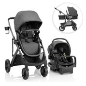 Carrinho de Bebê Travel System com Cadeirinha LiteMax, Suspensão Traseira e 6 Modos de Usar, Evenflo Pivot Suite, Cinza