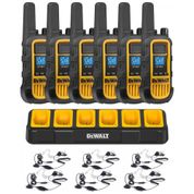 Kit 6 Rádio Walkie Talkie 2W Bidirecionais com 6 Fones de Ouvido e Carregador de Grupo, DEWALT DXFRS800