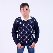 Blusa de Tricô Com Losangos Tricô Kids Azul Marinho