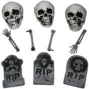 Enfeite Halloween Terror Kit com 3 Cranios 3 Lápides 4 Ossos de Esqueleto Realista Decoração Dia das Bruxas Casa e Quintal