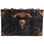 Enfeite Halloween Terror Baú Pirata Com Caveira Decorativo Correntes e Detalhes Realistas Som Luz e Movimento Automatico Assustador