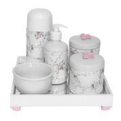 Kit Higiene Espelho Completo Porcelanas, Garrafa Pequena e Capa Flor de Liz Rosa