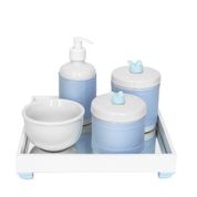 Kit Higiene Espelho Potes, Molhadeira, Porta Álcool-Gel e Capa Passarinho Azul