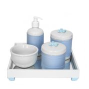 Kit Higiene Espelho Potes, Molhadeira, Porta Álcool-Gel e Capa Flor de Liz Azul