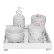 Kit Higiene Espelho Potes, Molhadeira, Porta Álcool-Gel e Capa Flor de Liz Rosa