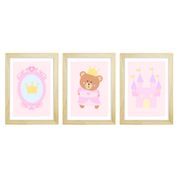 Trio De Quadros Pinus Com Vidro Ursa Princesa