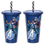 2 Copos Shake com Tampa e Canudo Capitão América 500ml Infantil Original Plasútil