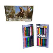 Kit estojo Infantil para desenhos Canetinhas e Lápis 48 Peças Dinossauros