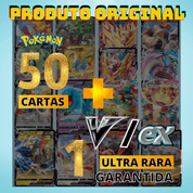 50 Cartas Pokemon Original Sem Repetições Com 02 RARAS Brilhantes + 01 ULTRA RARA V ou EX Garantida