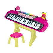 Conjunto de Teclado Musical com Microfone e Banquinho - Barbie - Com Som e Luz - Rosa - Fun