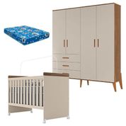 Berço Mini Cama Lívia E Guarda Roupa Infantil Emilly 4 Portas Off White Carvalho Com Colchão Ortobom - Canaã