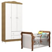 Berço Americano Lara Com Guarda Roupa Infantil Mel Flat 3 Portas Branco Acetinado Amadeirado - Carolina