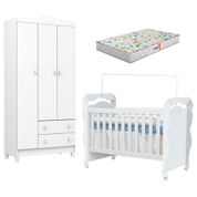 Berço Americano New Nanda E Guarda Roupa Infantil Mel Flat 3 Portas Branco Brilho Com Colchão Gazin - Carolina