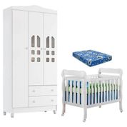 Berço Americano E Guarda Roupa Infantil New Selena 3 Portas Branco Brilho Com Colchão Ortobom