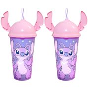 2 Copos Angel Stitch Rosa Infantil com Orelhas e canudo 500ml Original Plasútil