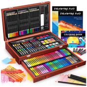 Art Supplies Kit Lápis de Cor Profissional com Maleta de Madeira 153 peças Tintas Acrílicas, Aquarela, CALIART, Marrom