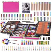 Kit Lápis de Cor Profissional com Maleta de Madeira 139 peças Tintas Acrílicas, Aquarela, KINSPORY L137, Rosa