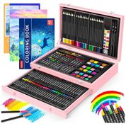 Kit Lápis de Cor Profissional com Maleta de Madeira 150 peças Tintas Acrílicas, Aquarela, IBAYAM 04, Rosa