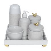 Kit Higiene Espelho Completo Porcelanas, Garrafa Pequena e Capa Passarinho Dourado