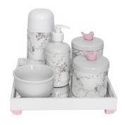 Kit Higiene Espelho Completo Porcelanas, Garrafa Pequena e Capa Passarinho Rosa