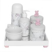 Kit Higiene Espelho Completo Porcelanas, Garrafa Pequena e Capa Ursinho Rosa