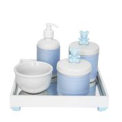 Kit Higiene Espelho Potes, Molhadeira, Porta Álcool-Gel e Capa Ursinho Azul