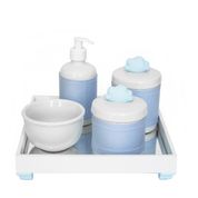 Kit Higiene Espelho Potes, Molhadeira, Porta Álcool-Gel e Capa Nuvem Azul