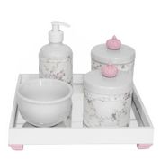 Kit Higiene Espelho Potes, Molhadeira, Porta Álcool-Gel e Capa Coroa Rosa