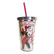 Copo Plastico Tampa Canudo Arlequina Listras DC Comics Geek