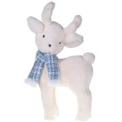 Decoração Natal de Luxo Rena Pelucia Branca 40cm com Cachecol Xadrez Azul -