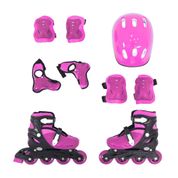 Kit Patins Inline Radical com Luva, Capacete, Joelheira e Cotoveleira Rosa Bel