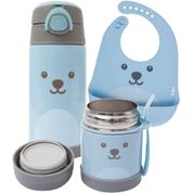 KIT ALIMENTACAO INFANTIL BABADOR + GARRAFA E POTE TERMICO AZUL - BUBA