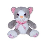 Gato de Pelúcia Cinza Vega Sentado com Lacinho Rosa Xadrez Fizzy Toys Fofo para Presentear