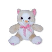 Gato de Pelúcia Bege Kaida Sentado com Lacinho Rosa Xadrez Fizzy Toys Fofo para Presentear