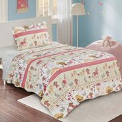 Kit Cobre Leito Colcha Solteiro Infantil Joy Dupla Face Estampado 2 Peças - Cogumelos - Rosa