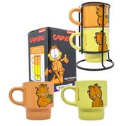 Garfield Kit Original Com 2 Canecas Cerâmicas Empilháveis 150mL + Suporte Em Aço Inox, Zona Criativa