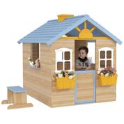 Casa de Madeira para Crianças Outsunny, Ideal para Brincadeiras ao Ar Livre, com Porta, Janelas, Banco e Estação de Serviço,