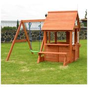 Casa de Brincar de Madeira Sportspower Swing n Play para Área Externa com Balanço, Bancada de Piquenique e Caixas de Flores, Marrom