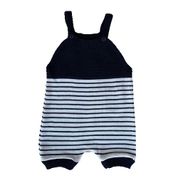 Jardineira Romper de Tricô Listrado Tricô Kids Azul Marinho